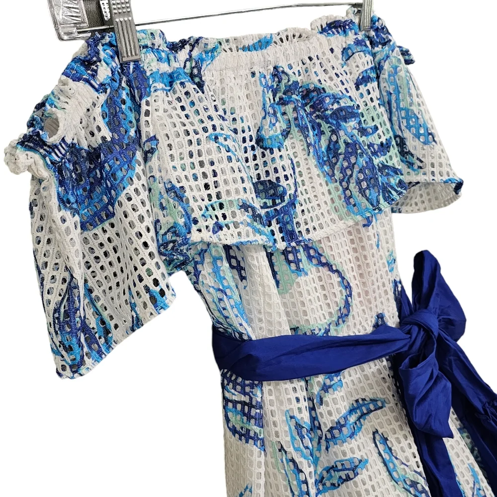 Nwt Lilly Pulitzer Sona White/Blue Floral Off Shoulder Tiered Mesh Midi Dress - Picture 16 of 17